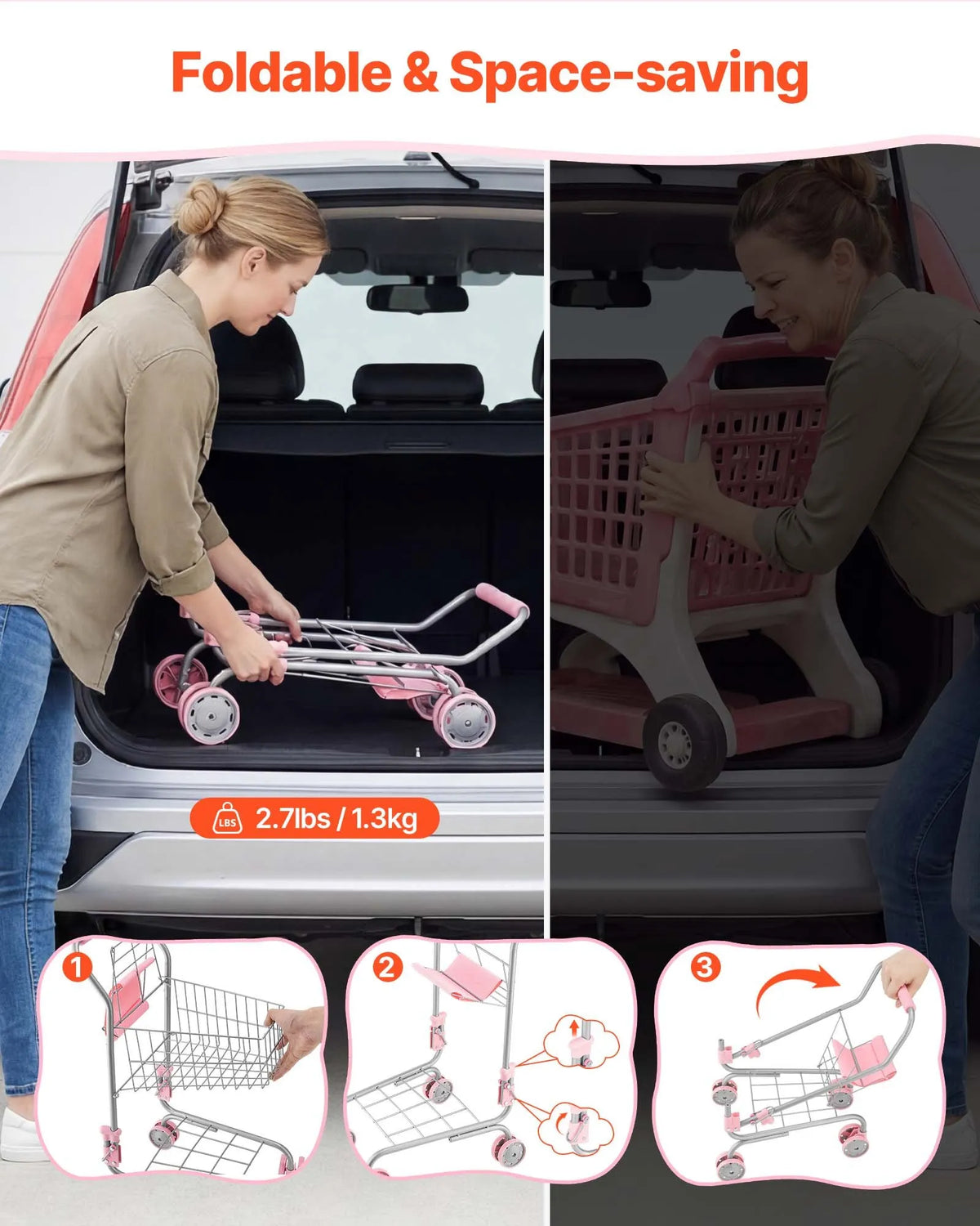VEVOR Children's Shopping Trolley with Doll and Basket, Metal Frame, Foldable, from 3 Years