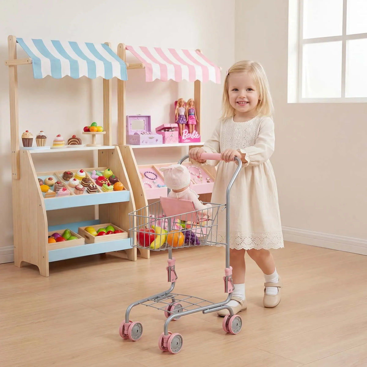 VEVOR Children's Shopping Trolley with Doll and Basket, Metal Frame, Foldable, from 3 Years