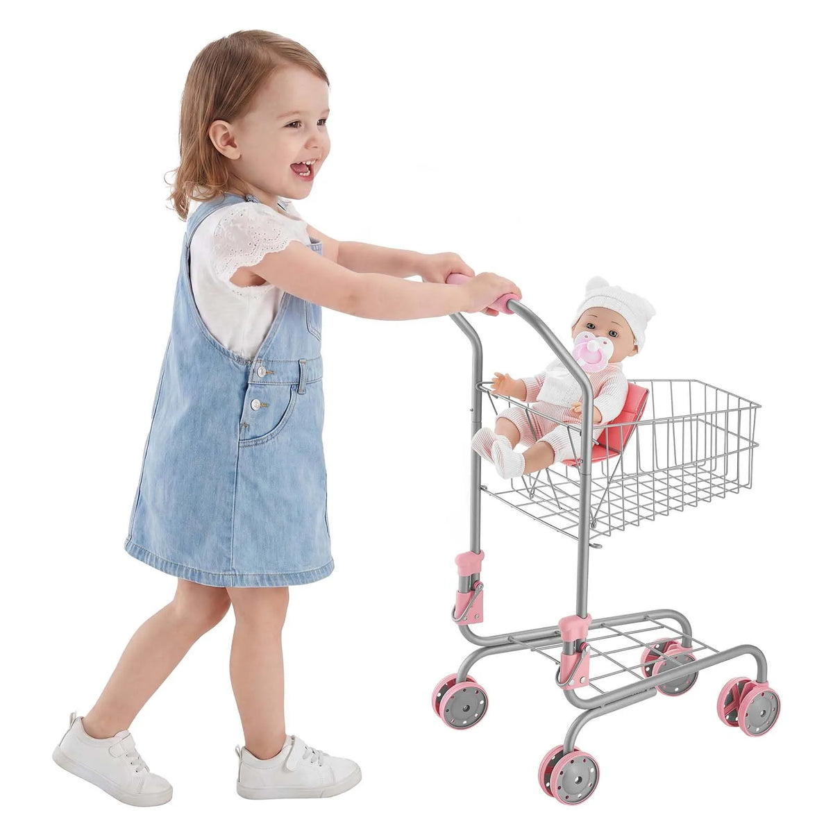 VEVOR Children's Shopping Trolley with Doll and Basket, Metal Frame, Foldable, from 3 Years
