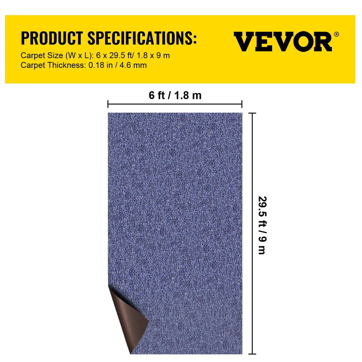 VEVOR iekštelpu un āra paklājs 1,8 × 9 m (5,9 × 29,5 pēdas), ūdensizturīgs āra paklājs terasei, verandai, klājam un garāžai, neslīdošs paklāja rullis, bez pelējuma, zilā krāsā