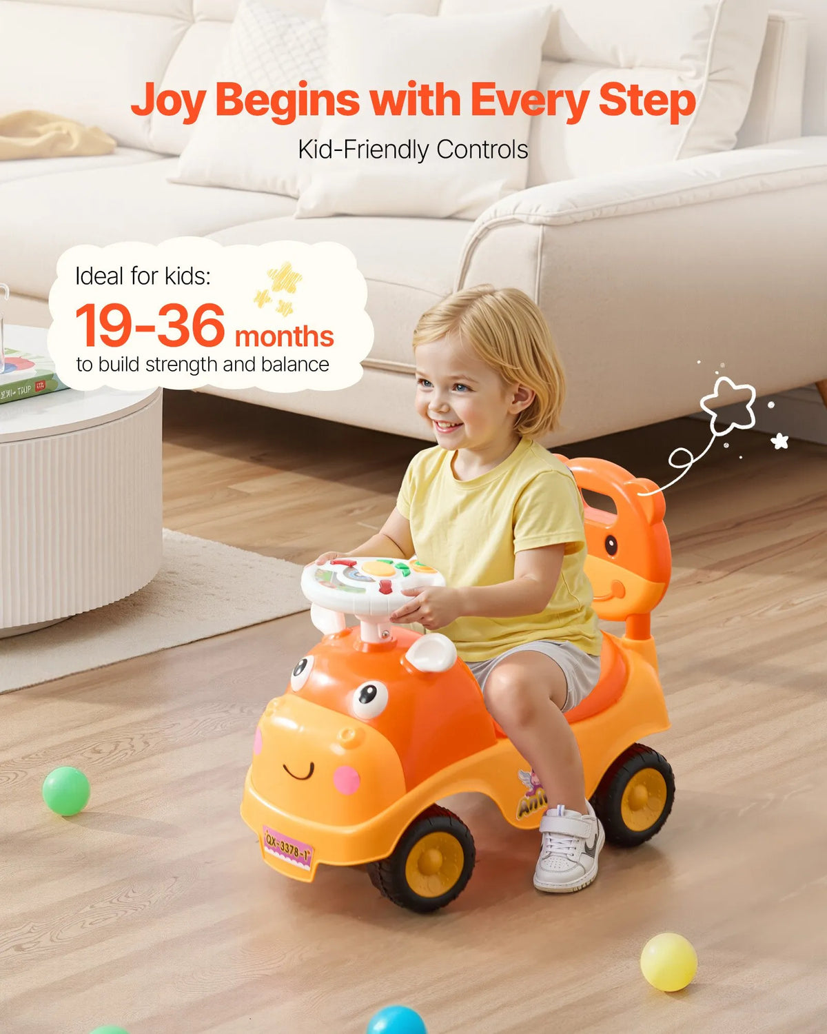 VEVOR pealeistutav auto lastele 19–36 kuud heli, muusika ja hoiuruumiga, kuni 22 kg