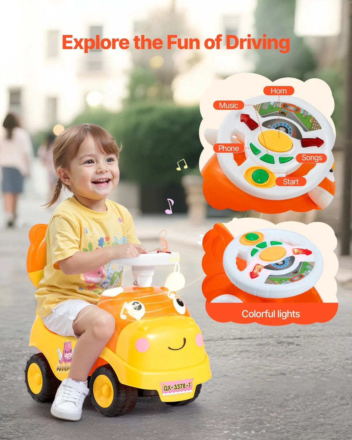 VEVOR pealeistutav auto lastele 19–36 kuud heli, muusika ja hoiuruumiga, kuni 22 kg