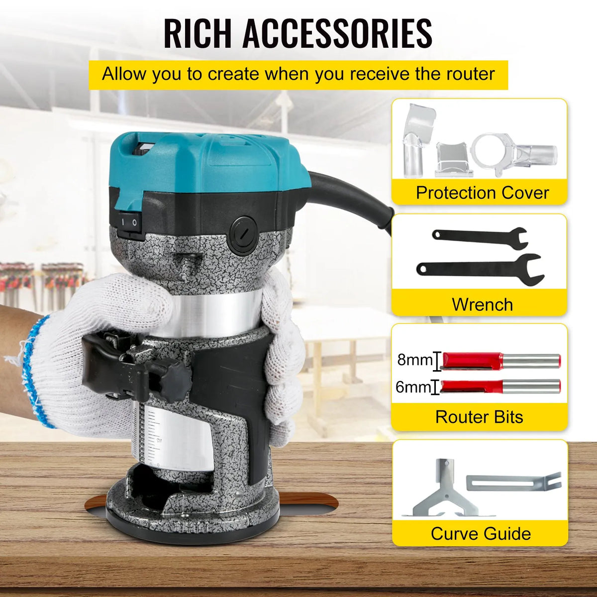 VEVOR Wood Router 710 W with 3 Collet Chucks, Woodworking Router with Fixed, Plunge, Bevel and Offset Base, Aluminium Body and Variable Speed