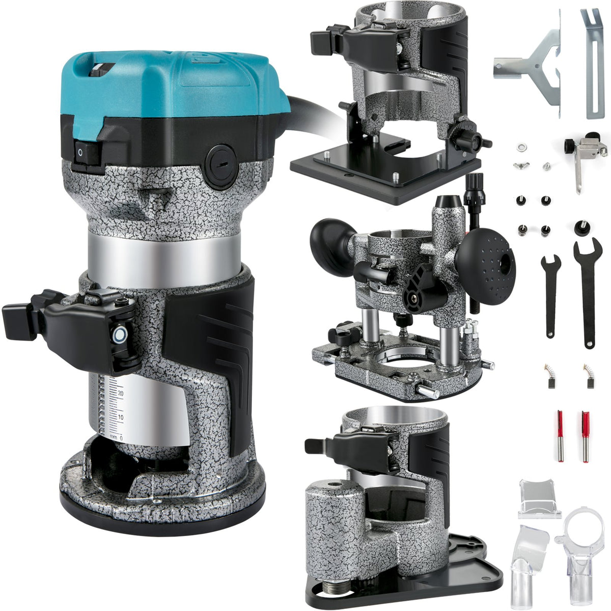 VEVOR Wood Router 710 W with 3 Collet Chucks, Woodworking Router with Fixed, Plunge, Bevel and Offset Base, Aluminium Body and Variable Speed