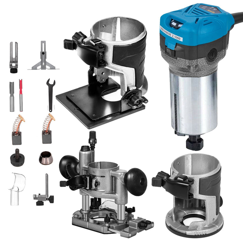 VEVOR kompakts frēzētājs 800 W ar regulējamu ātrumu līdz 30 000 apgr./min, 6,4 mm un 9,5 mm spīļpatronas, iegremdējamā un slīpā pamatne, 220 V