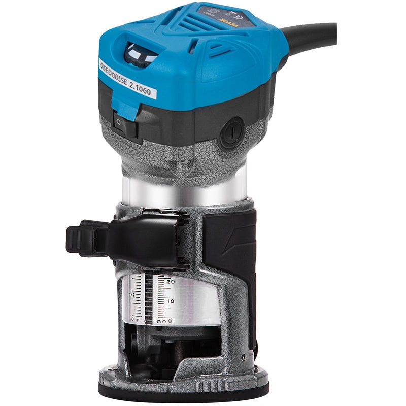 VEVOR kompakts frēzētājs 800 W ar regulējamu ātrumu līdz 30 000 apgr./min, 6,4 mm un 9,5 mm spīļpatronas, iegremdējamā un slīpā pamatne, 220 V