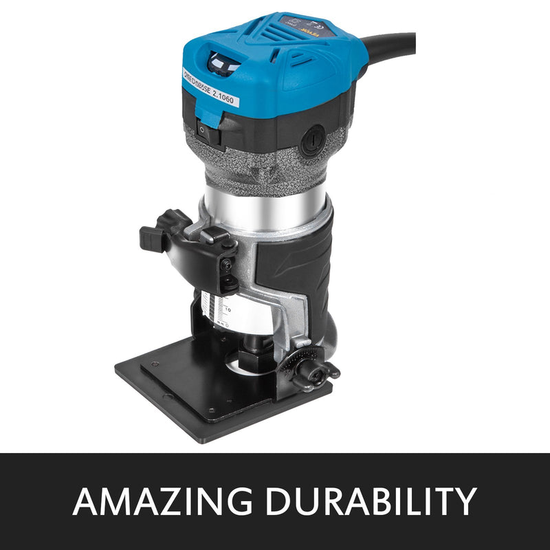 VEVOR kompakts frēzētājs 800 W ar regulējamu ātrumu līdz 30 000 apgr./min, 6,4 mm un 9,5 mm spīļpatronas, iegremdējamā un slīpā pamatne, 220 V
