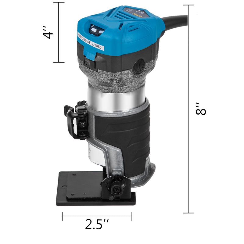 VEVOR kompakts frēzētājs 800 W ar regulējamu ātrumu līdz 30 000 apgr./min, 6,4 mm un 9,5 mm spīļpatronas, iegremdējamā un slīpā pamatne, 220 V