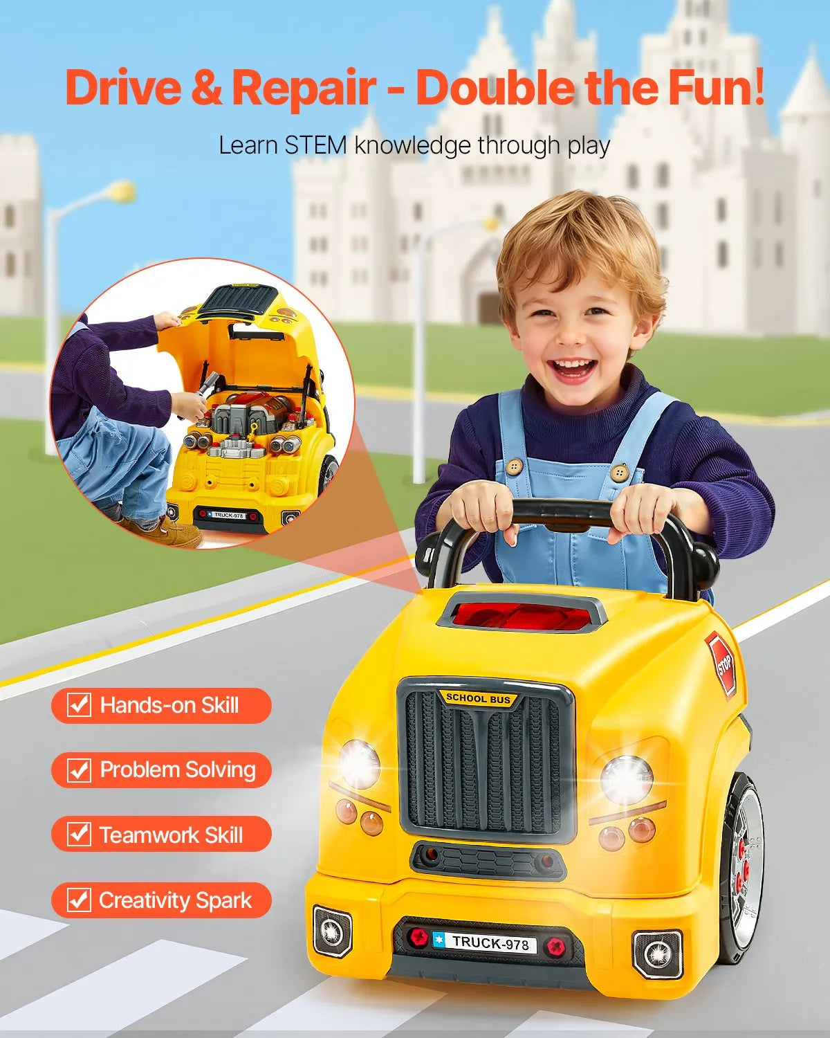 VEVOR Toy Engine 60 Pieces, Mechanic Kit with Light, Sound, Steering and Towing, from 3 Years, Yellow