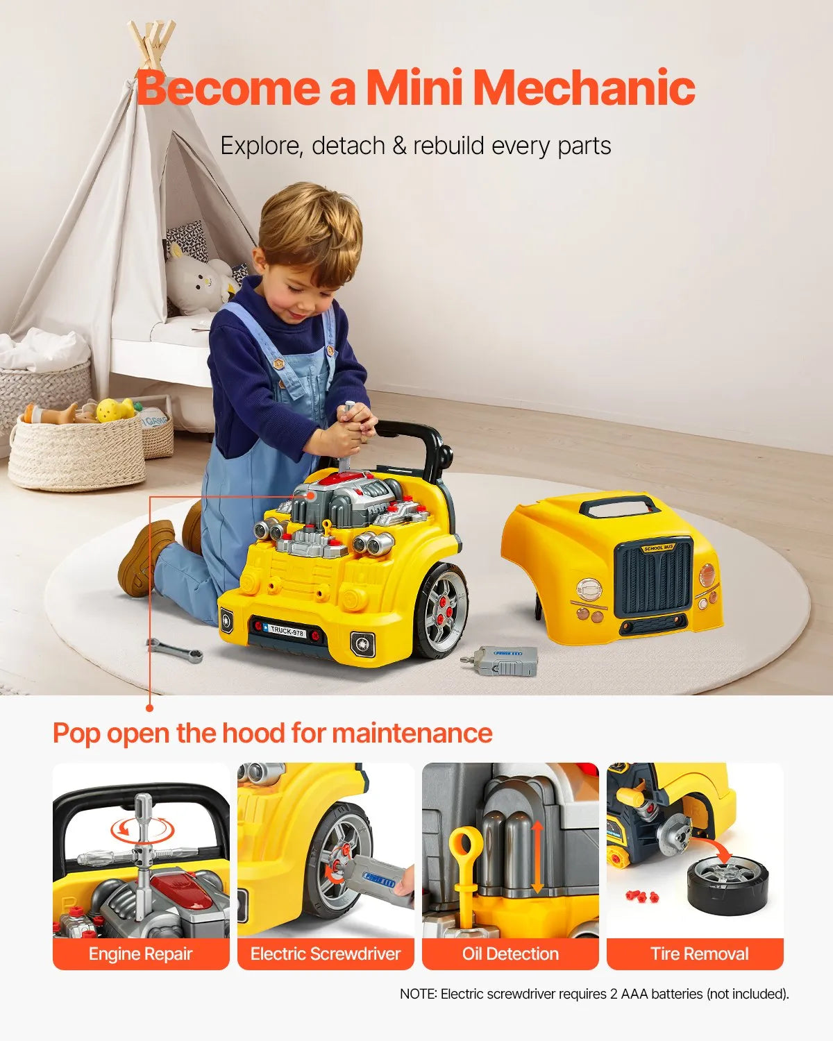 VEVOR Toy Engine 60 Pieces, Mechanic Kit with Light, Sound, Steering and Towing, from 3 Years, Yellow