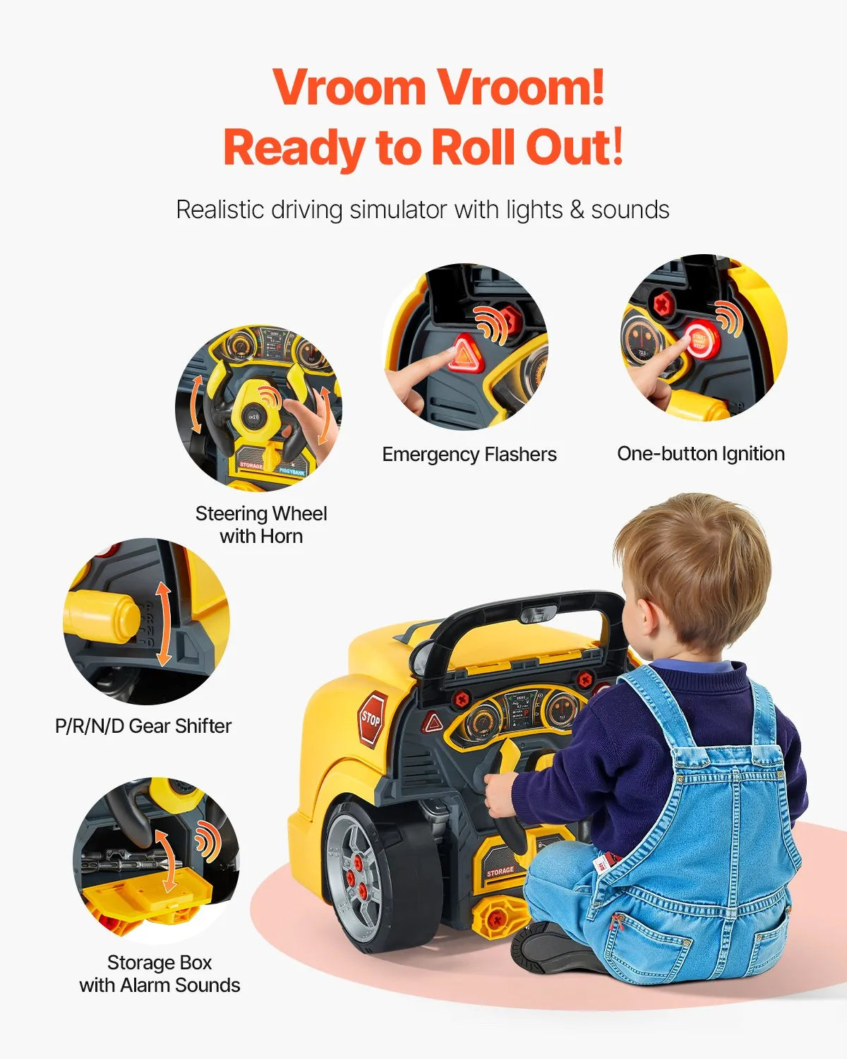 VEVOR Toy Engine 60 Pieces, Mechanic Kit with Light, Sound, Steering and Towing, from 3 Years, Yellow