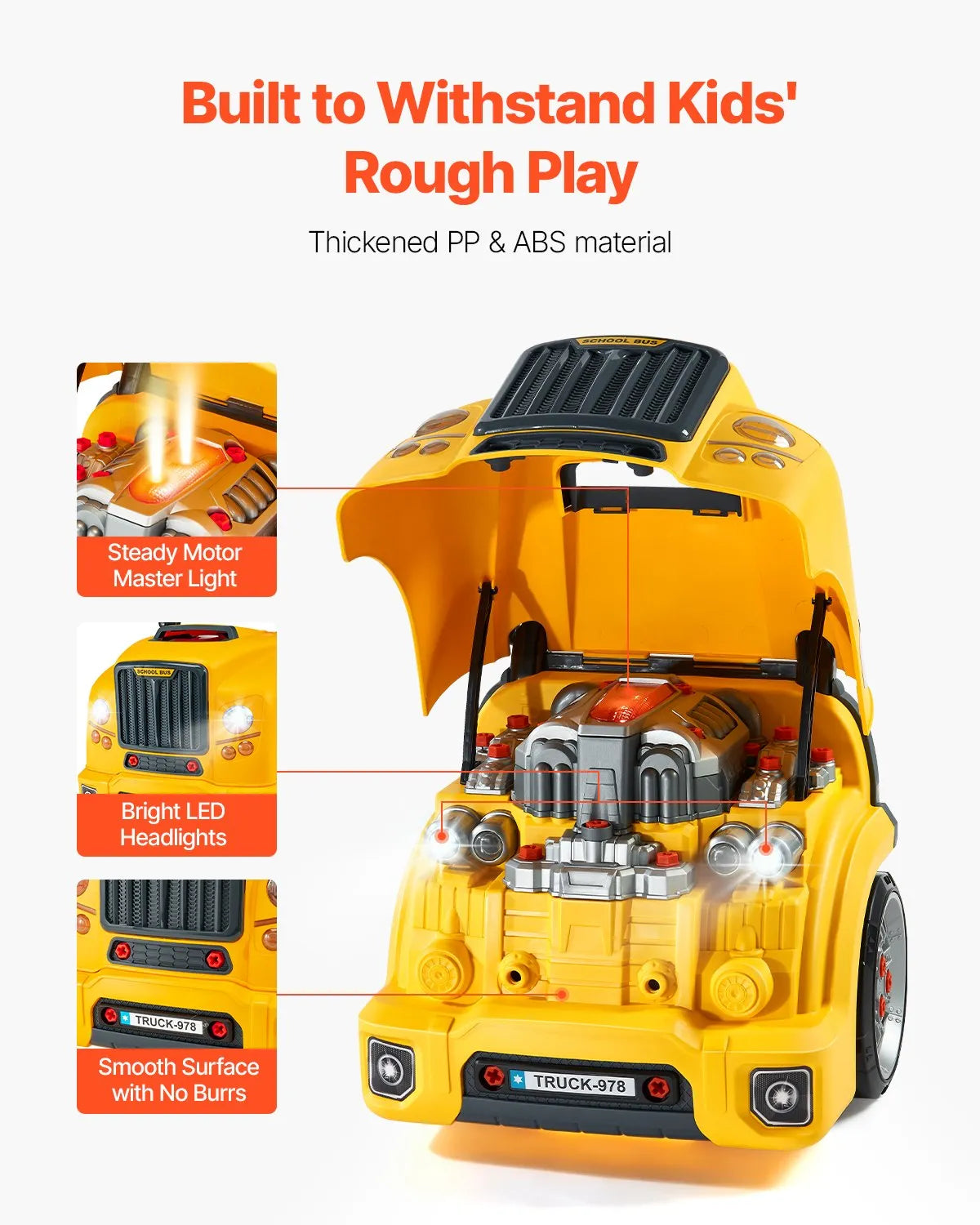 VEVOR Toy Engine 60 Pieces, Mechanic Kit with Light, Sound, Steering and Towing, from 3 Years, Yellow