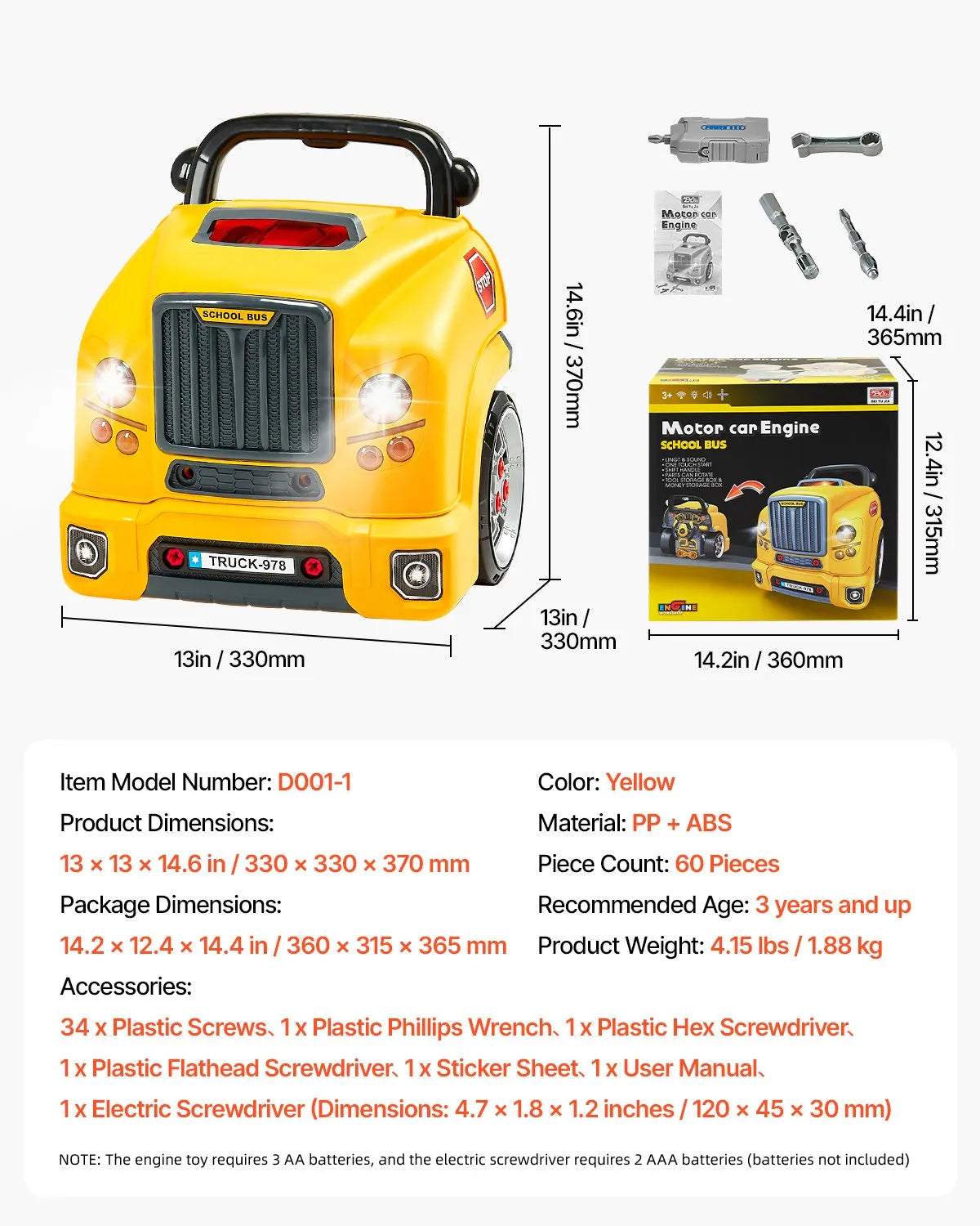 VEVOR Toy Engine 60 Pieces, Mechanic Kit with Light, Sound, Steering and Towing, from 3 Years, Yellow