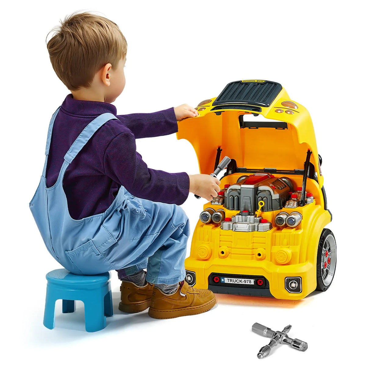 VEVOR Toy Engine 60 Pieces, Mechanic Kit with Light, Sound, Steering and Towing, from 3 Years, Yellow