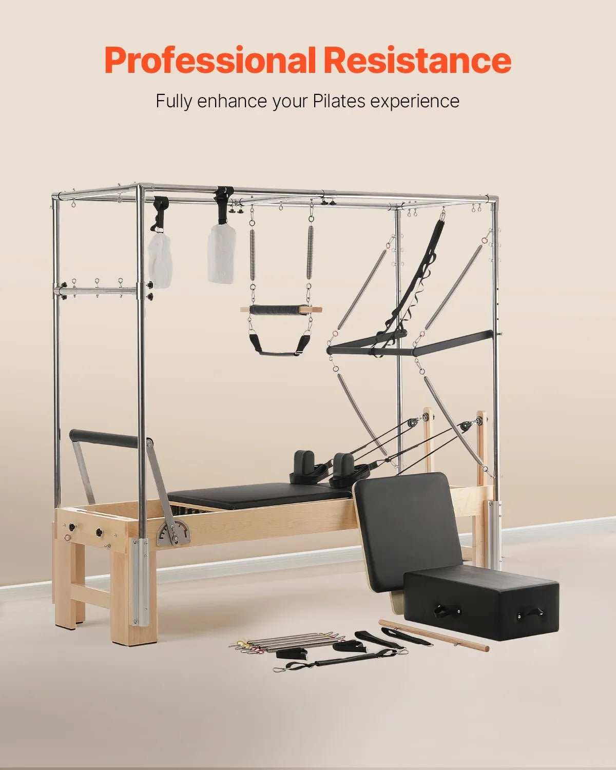 VEVOR pilates reformeris no koka ar dubulto pretestību, treniņu aprīkojums ar reformera kasti un lēciena platformu, piemērots iesācējiem un pieredzējušiem lietotājiem, slodze līdz 181 kg - ZEMLETES.LV