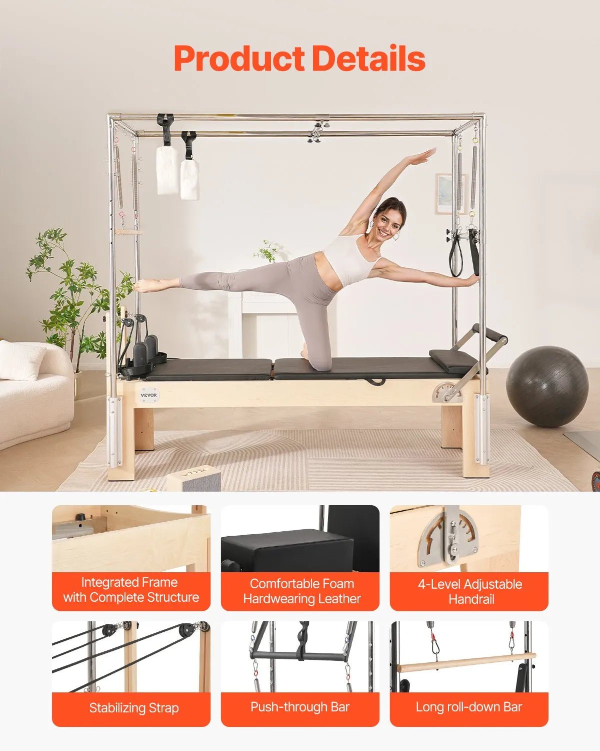 VEVOR pilates reformeris no koka ar dubulto pretestību, treniņu aprīkojums ar reformera kasti un lēciena platformu, piemērots iesācējiem un pieredzējušiem lietotājiem, slodze līdz 181 kg - ZEMLETES.LV