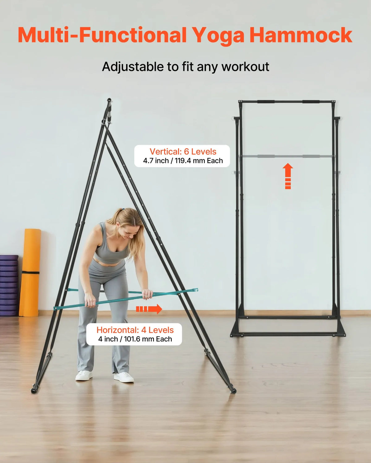 VEVOR jogas statīvs ar šūpoļu rāmi līdz 200 kg, trīsstūra konstrukcija gaisa jogai, komplektā 6 m jogas šūpuļtīkls un EVA putas, regulējams 4 līmeņos horizontāli un 6 līmeņos vertikāli - ZEMLETES.LV