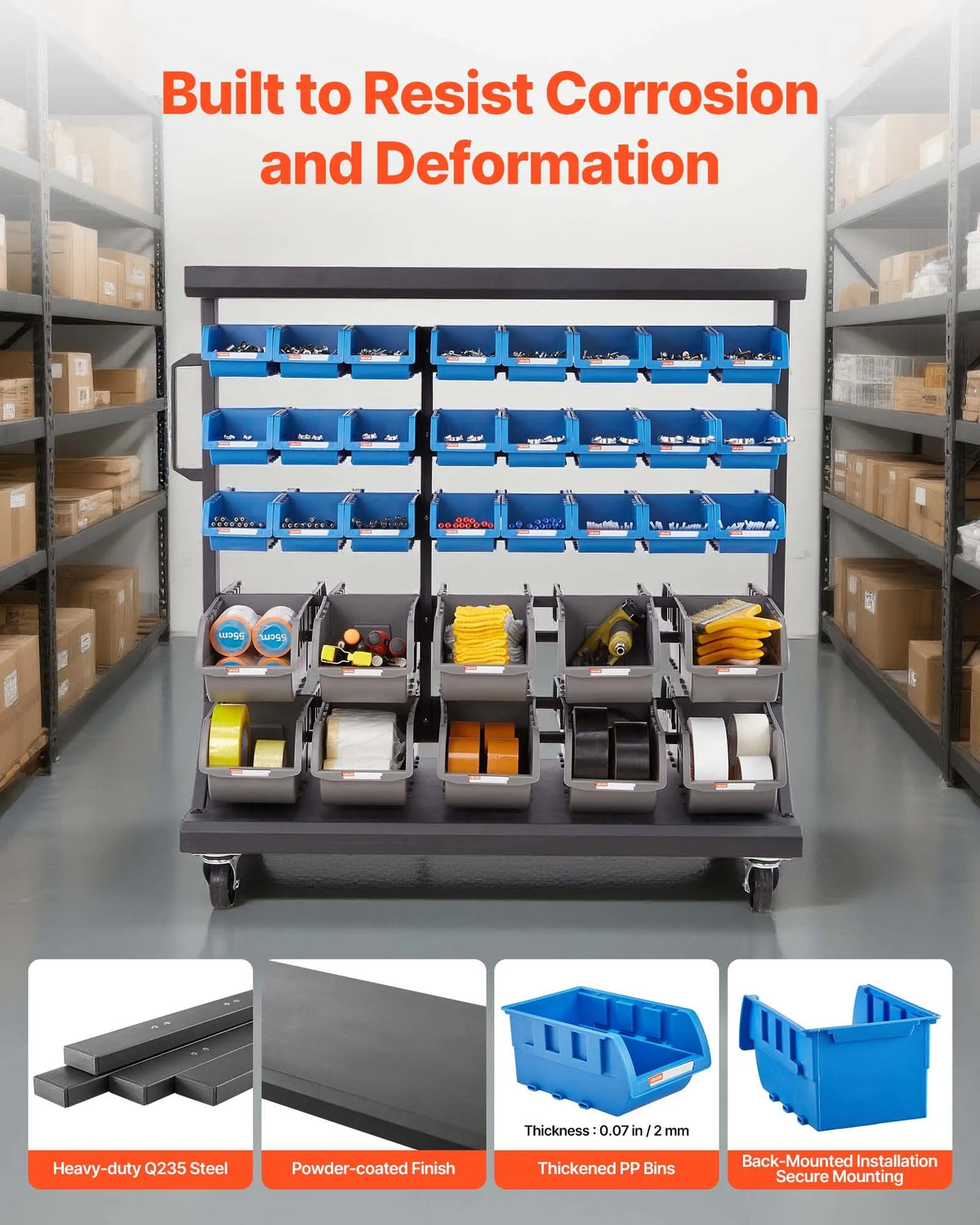 VEVOR mobilais detaļu organizators, divpusējs, 5 līmeņi, 68 plastmasas kastes, uz riteņiem