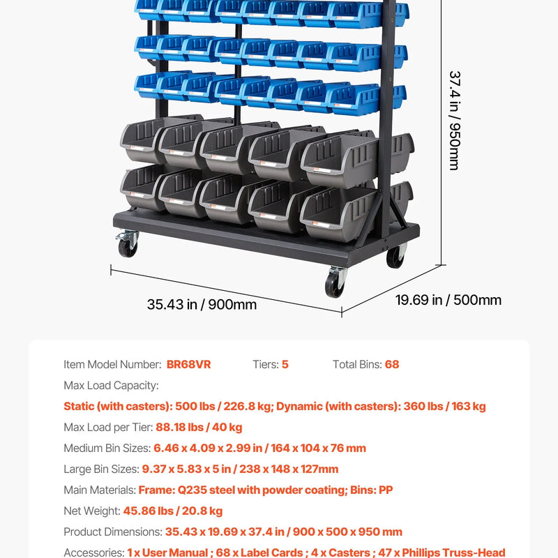 VEVOR divpusējs 5 līmeņu mobilais detaļu organizators ar 68 plastmasas kastēm, ripojošs instrumentu un sīko detaļu uzglabāšanas statīvs ar riteņiem, garāžai, noliktavai, birojam, restorānam, klasei un virtuvei