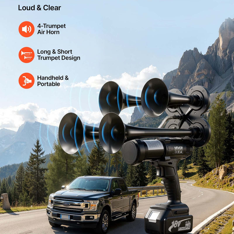 VEVOR HS-1015 bezvadu četru tauru pneimatiskā signāltūre, 130 dB, 18 V 4 Ah litija akumulators, iebūvēts gaisa sūknis, pārnēsājama, transportlīdzekļiem, brīvdabas pasākumiem un sporta sacensībām