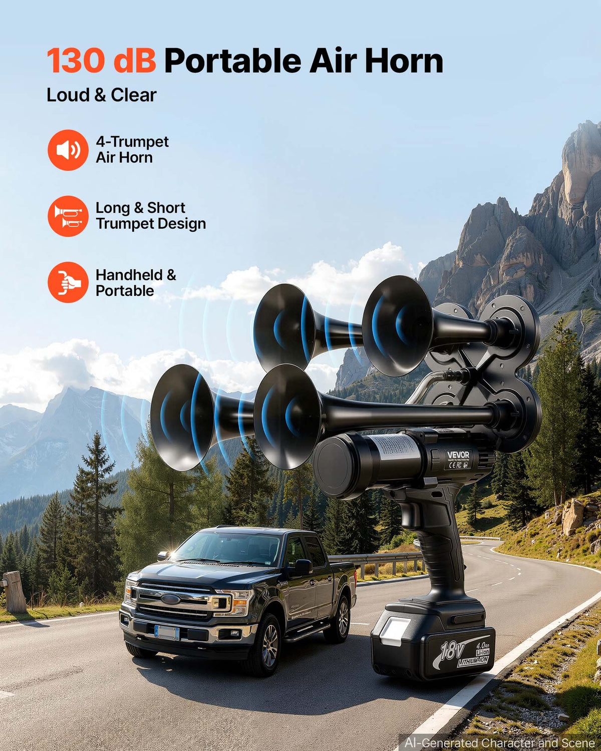 VEVOR HS-1015 bezvadu četru tauru pneimatiskā signāltūre, 130 dB, 18 V 4 Ah litija akumulators, iebūvēts gaisa sūknis, pārnēsājama, transportlīdzekļiem, brīvdabas pasākumiem un sporta sacensībām