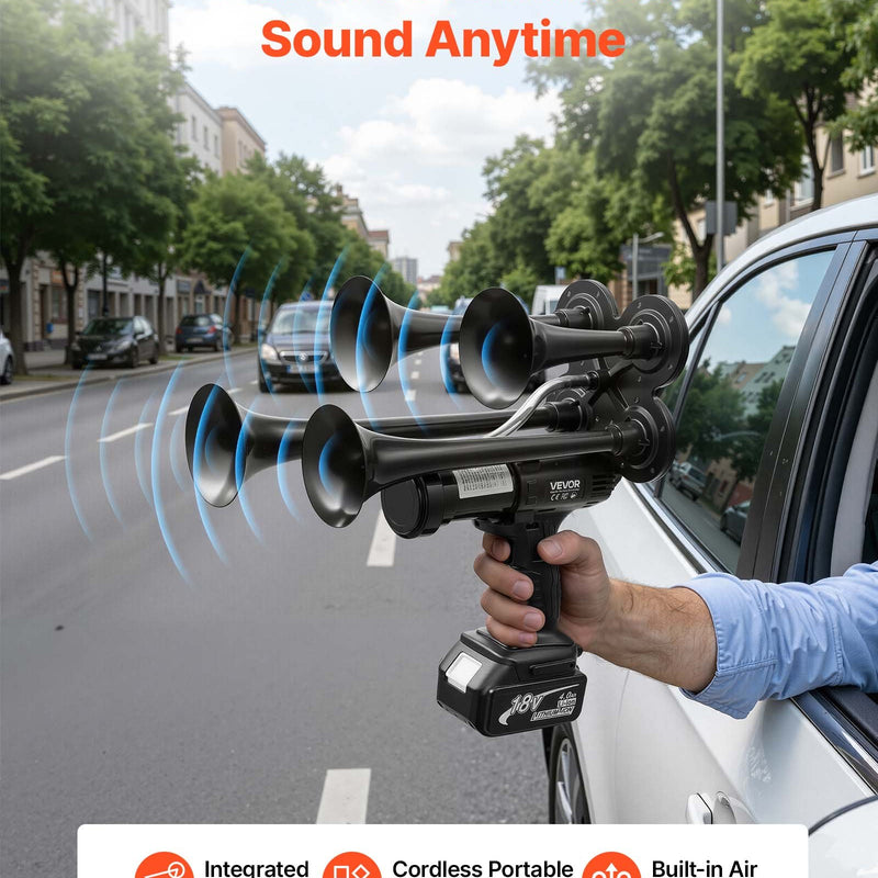 VEVOR HS-1015 bezvadu četru tauru pneimatiskā signāltūre, 130 dB, 18 V 4 Ah litija akumulators, iebūvēts gaisa sūknis, pārnēsājama, transportlīdzekļiem, brīvdabas pasākumiem un sporta sacensībām