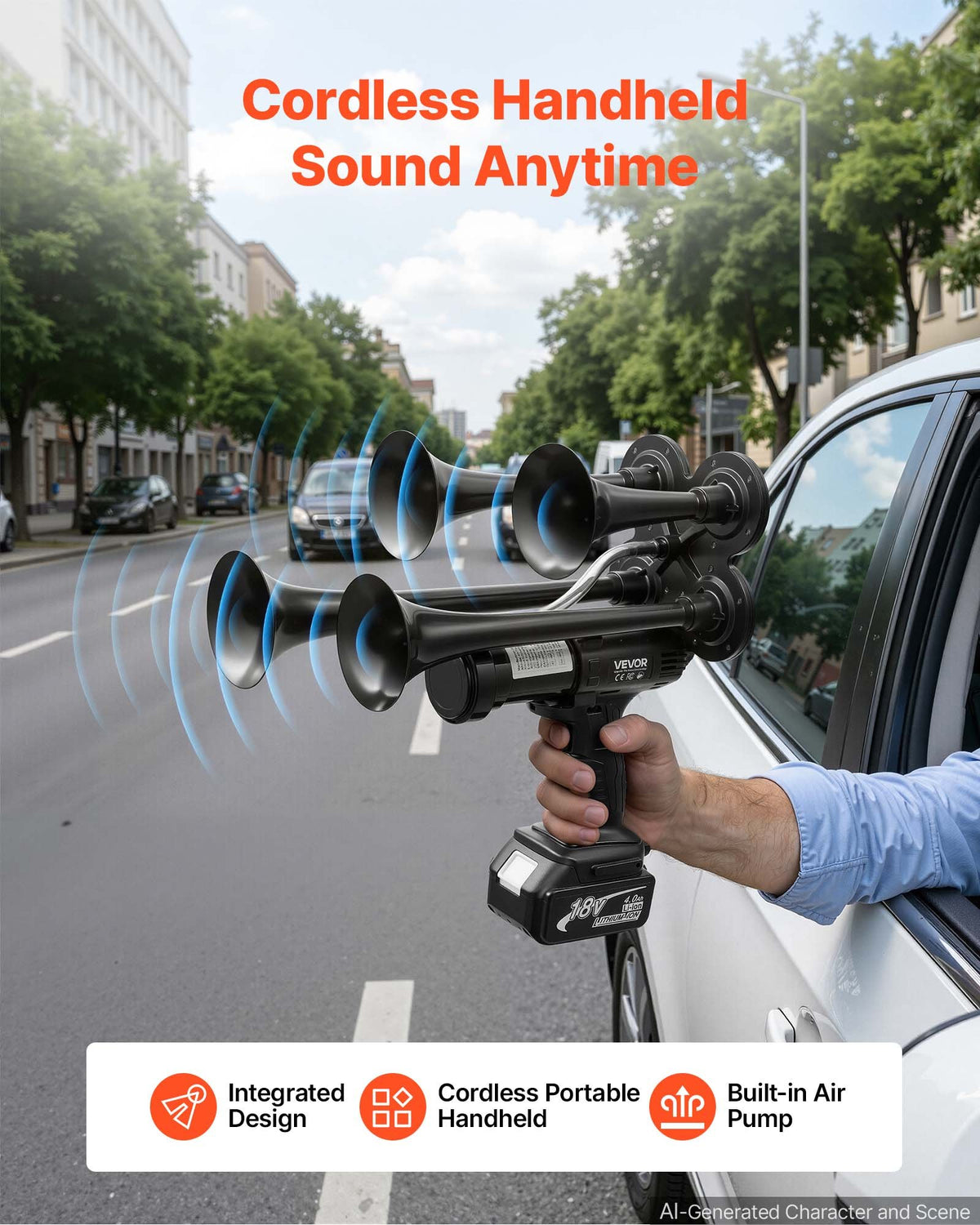 VEVOR HS-1015 bezvadu četru tauru pneimatiskā signāltūre, 130 dB, 18 V 4 Ah litija akumulators, iebūvēts gaisa sūknis, pārnēsājama, transportlīdzekļiem, brīvdabas pasākumiem un sporta sacensībām