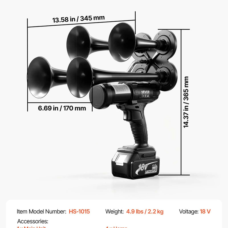 VEVOR HS-1015 bezvadu četru tauru pneimatiskā signāltūre, 130 dB, 18 V 4 Ah litija akumulators, iebūvēts gaisa sūknis, pārnēsājama, transportlīdzekļiem, brīvdabas pasākumiem un sporta sacensībām