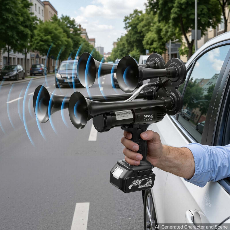 VEVOR HS-1015 bezvadu četru tauru pneimatiskā signāltūre, 130 dB, 18 V 4 Ah litija akumulators, iebūvēts gaisa sūknis, pārnēsājama, transportlīdzekļiem, brīvdabas pasākumiem un sporta sacensībām
