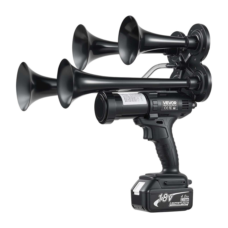VEVOR HS-1015 bezvadu četru tauru pneimatiskā signāltūre, 130 dB, 18 V 4 Ah litija akumulators, iebūvēts gaisa sūknis, pārnēsājama, transportlīdzekļiem, brīvdabas pasākumiem un sporta sacensībām