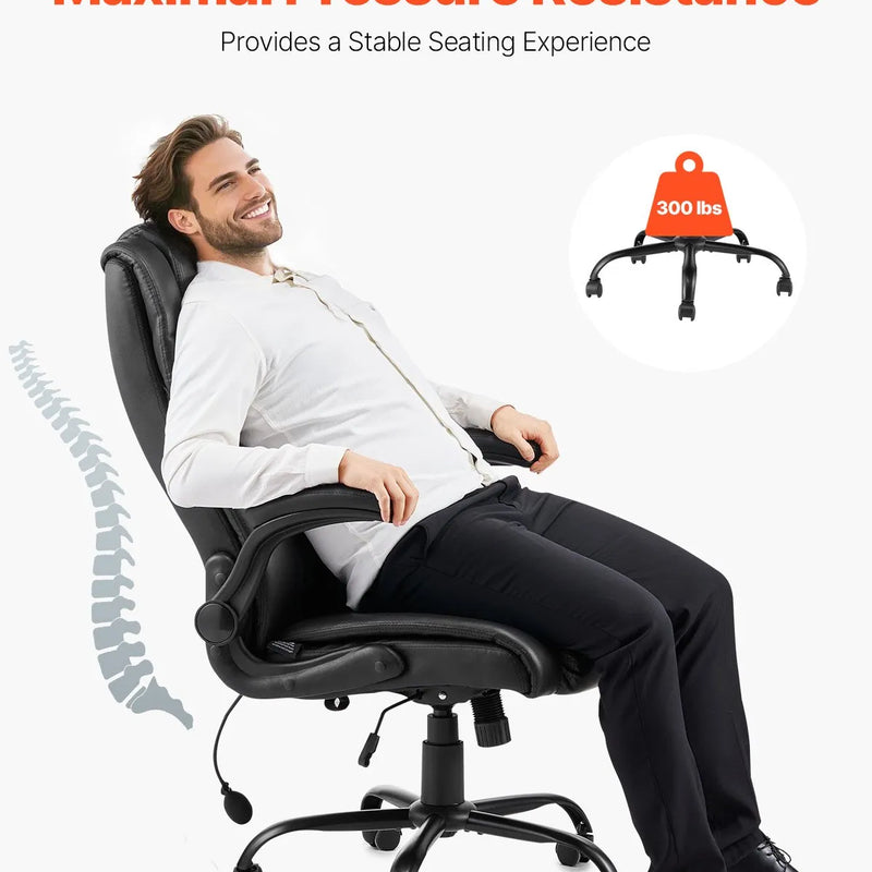 VEVOR vadītāja biroja krēsls, augsta atzveltne ar paceļamiem roku balstiem un jostasvietas atbalstu, ergonomisks biroja krēsls ar regulējamu slīpumu un augstumu, PU ādas grozāms krēsls ar riteņiem darbam, mācībām un spēlēm, melns