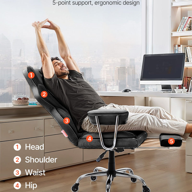 VEVOR vadītāja biroja krēsls, augsta atzveltne ar izvelkamu kāju balstu un noņemamiem roku balstiem, ergonomisks biroja krēsls ar augstas elastības putu polsterējumu, PU ādas grozāms krēsls ar riteņiem darbam, mācībām un spēlēm, melns