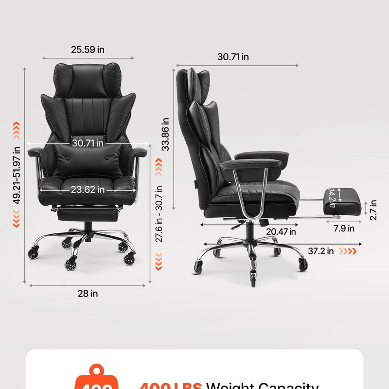VEVOR vadītāja biroja krēsls, augsta atzveltne ar izvelkamu kāju balstu un noņemamiem roku balstiem, ergonomisks biroja krēsls ar augstas elastības putu polsterējumu, PU ādas grozāms krēsls ar riteņiem darbam, mācībām un spēlēm, melns