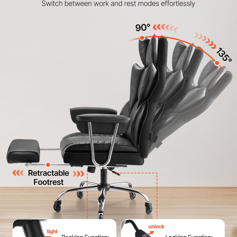 VEVOR vadītāja biroja krēsls, augsta atzveltne ar izvelkamu kāju balstu un noņemamiem roku balstiem, ergonomisks biroja krēsls ar augstas elastības putu polsterējumu, PU ādas grozāms krēsls ar riteņiem darbam, mācībām un spēlēm, melns