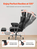 VEVOR vadītāja biroja krēsls, augsta atzveltne ar izvelkamu kāju balstu un noņemamiem roku balstiem, ergonomisks biroja krēsls ar augstas elastības putu polsterējumu, PU ādas grozāms krēsls ar riteņiem darbam, mācībām un spēlēm, melns