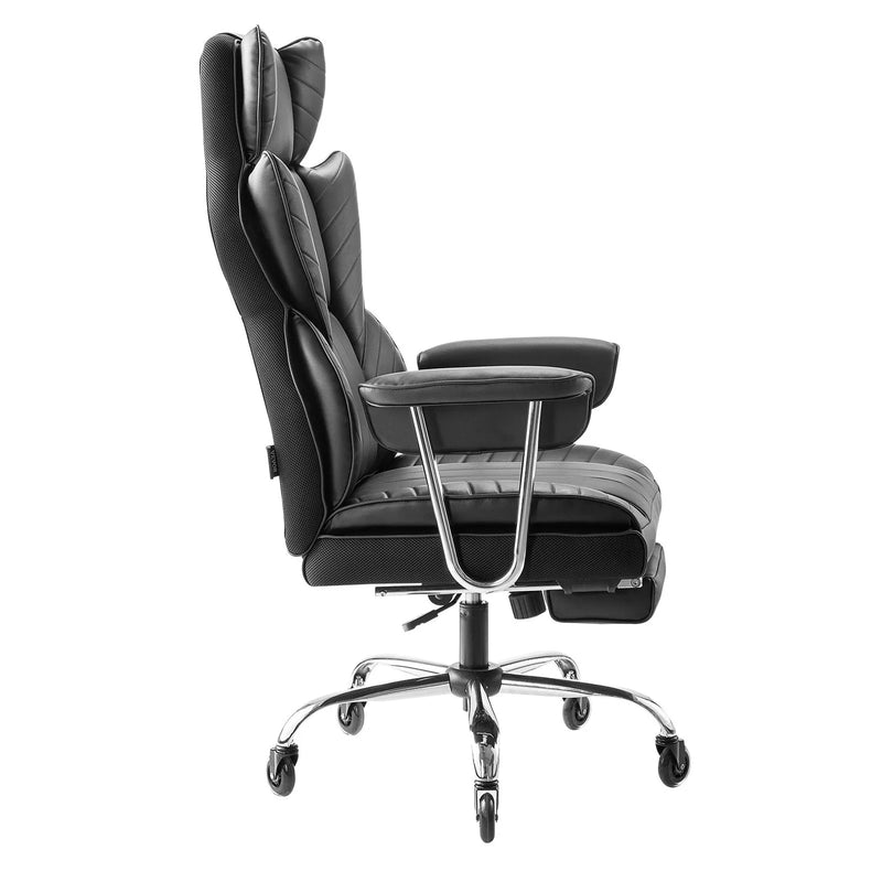 VEVOR vadītāja biroja krēsls, augsta atzveltne ar izvelkamu kāju balstu un noņemamiem roku balstiem, ergonomisks biroja krēsls ar augstas elastības putu polsterējumu, PU ādas grozāms krēsls ar riteņiem darbam, mācībām un spēlēm, melns