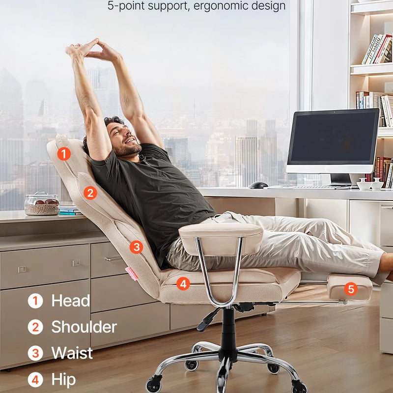 VEVOR vadītāja biroja krēsls, augsta atzveltne ar izvelkamu kāju balstu un noņemamiem roku balstiem, ergonomisks biroja krēsls ar augstas elastības putu polsterējumu, PU ādas grozāms krēsls ar riteņiem darbam, mācībām un spēlēm, brūns