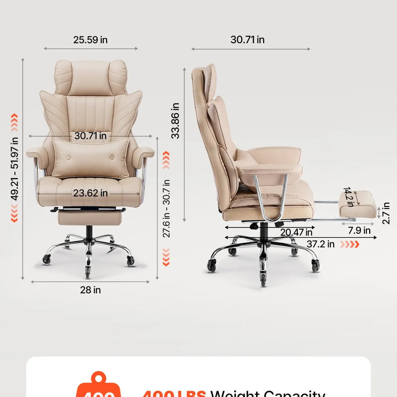 VEVOR vadītāja biroja krēsls, augsta atzveltne ar izvelkamu kāju balstu un noņemamiem roku balstiem, ergonomisks biroja krēsls ar augstas elastības putu polsterējumu, PU ādas grozāms krēsls ar riteņiem darbam, mācībām un spēlēm, brūns