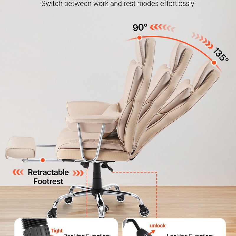 VEVOR vadītāja biroja krēsls, augsta atzveltne ar izvelkamu kāju balstu un noņemamiem roku balstiem, ergonomisks biroja krēsls ar augstas elastības putu polsterējumu, PU ādas grozāms krēsls ar riteņiem darbam, mācībām un spēlēm, brūns