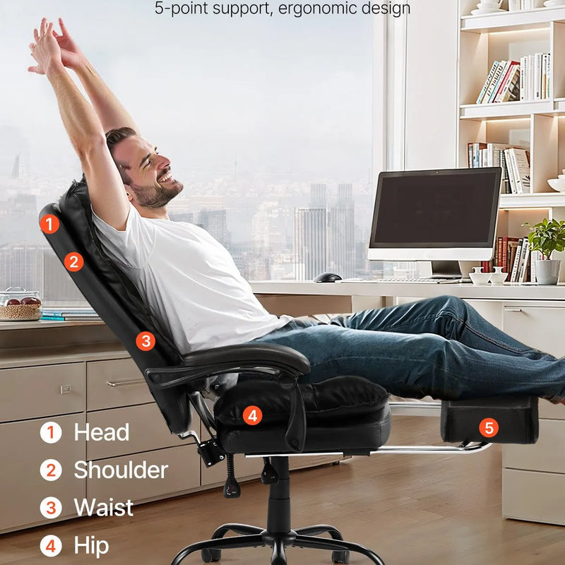 VEVOR vadītāja biroja krēsls, augsta atzveltne ar izvelkamu kāju balstu un jostasvietas spilvenu, ergonomisks biroja krēsls ar 135° atgāžamu atzveltni un regulējamu augstumu, PU ādas grozāms krēsls ar riteņiem darbam, mācībām un spēlēm, melns