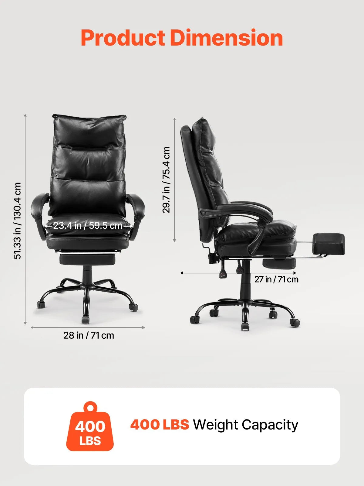 VEVOR Executive Office Chair with Footrest, Lumbar Pillow and 135° Reclining Backrest, PU Leather, Black