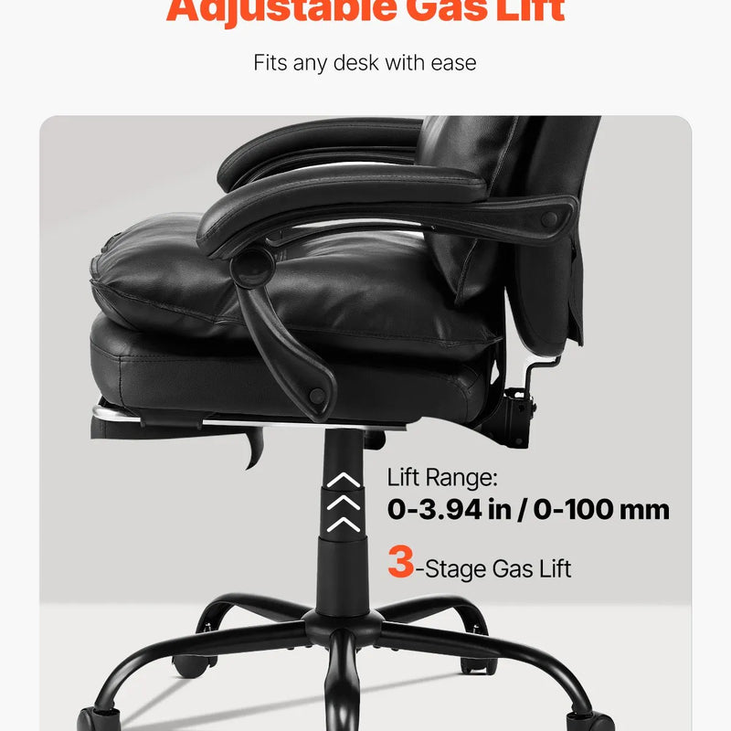 VEVOR vadītāja biroja krēsls, augsta atzveltne ar izvelkamu kāju balstu un jostasvietas spilvenu, ergonomisks biroja krēsls ar 135° atgāžamu atzveltni un regulējamu augstumu, PU ādas grozāms krēsls ar riteņiem darbam, mācībām un spēlēm, melns