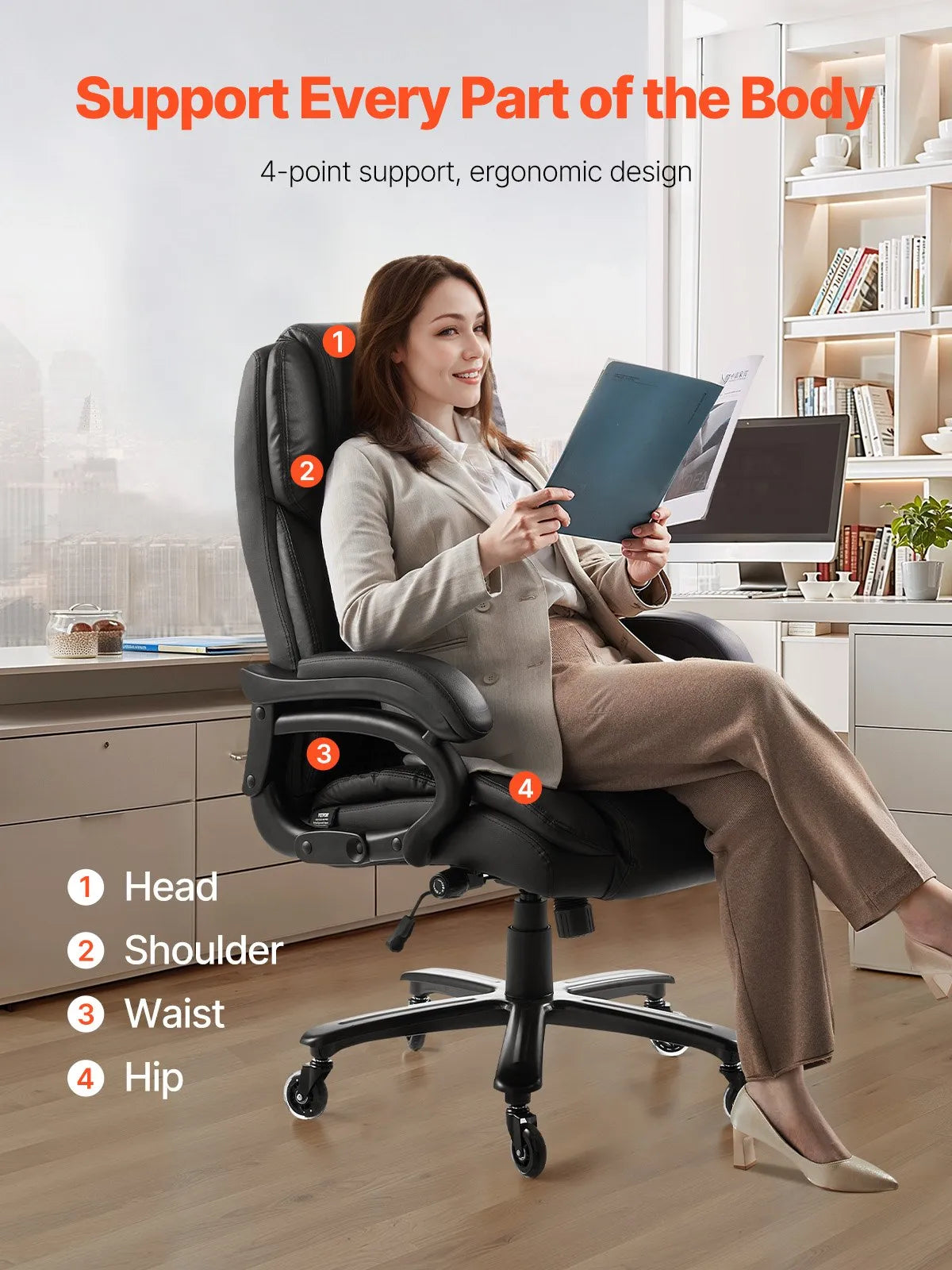 VEVOR Executive Office Chair with High Back and Adjustable Lumbar Support, PU Leather, Black