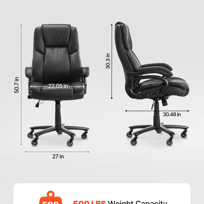 VEVOR vadītāja biroja krēsls, augsta atzveltne, ergonomisks biroja krēsls ar regulējamu jostasvietas atbalstu, regulējamu augstumu un slīpumu, PU ādas grozāms krēsls ar riteņiem darbam, mācībām un spēlēm, melns