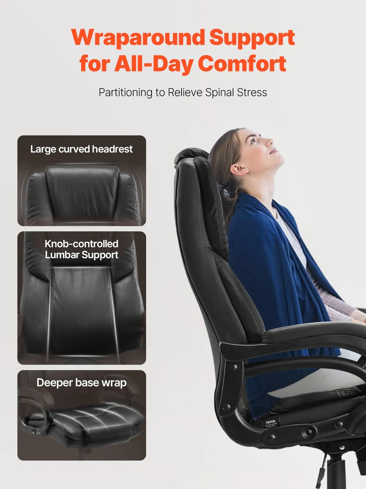 VEVOR Executive Office Chair with High Back and Adjustable Lumbar Support, PU Leather, Black