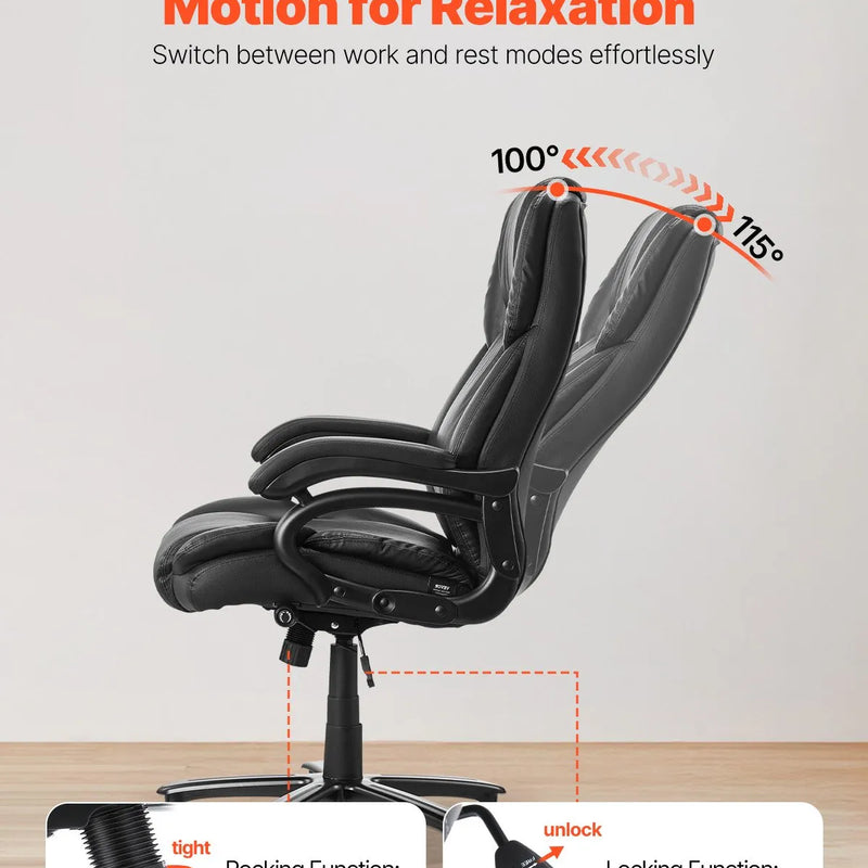 VEVOR vadītāja biroja krēsls, augsta atzveltne, ergonomisks biroja krēsls ar regulējamu jostasvietas atbalstu, regulējamu augstumu un slīpumu, PU ādas grozāms krēsls ar riteņiem darbam, mācībām un spēlēm, melns