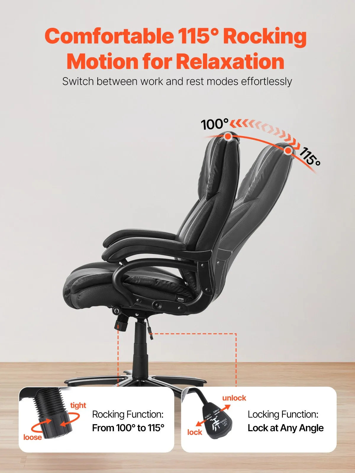 VEVOR Executive Office Chair with High Back and Adjustable Lumbar Support, PU Leather, Black