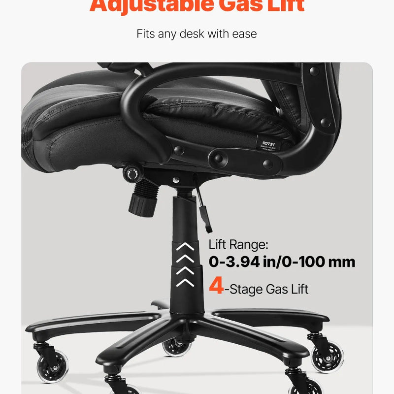 VEVOR vadītāja biroja krēsls, augsta atzveltne, ergonomisks biroja krēsls ar regulējamu jostasvietas atbalstu, regulējamu augstumu un slīpumu, PU ādas grozāms krēsls ar riteņiem darbam, mācībām un spēlēm, melns