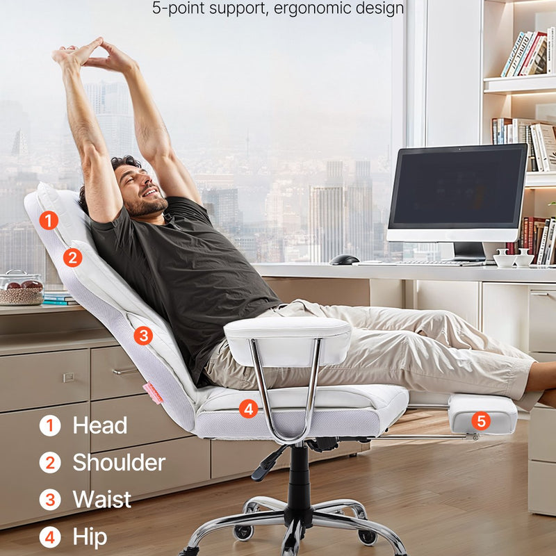 VEVOR atgāžams biroja krēsls ar kāju balstu, plats vadītāja biroja krēsls no PU ādas, ergonomisks biroja krēsls ar jostasvietas atbalstu, izturīgu metāla pamatni un klusiem riteņiem, balts