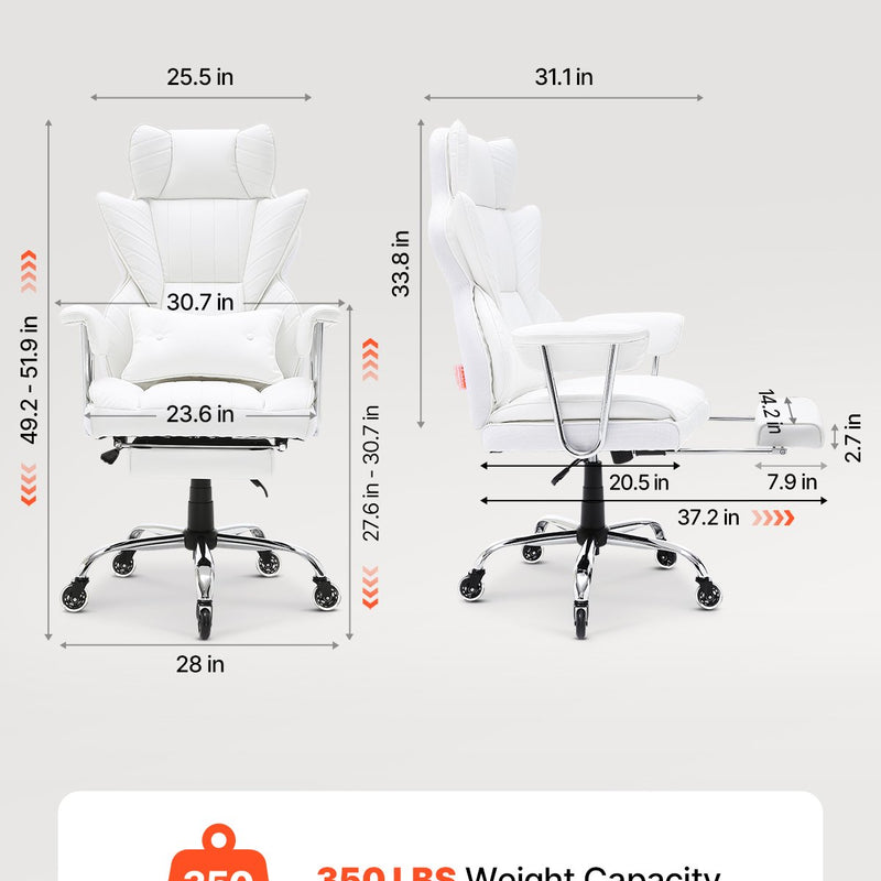 VEVOR atgāžams biroja krēsls ar kāju balstu, plats vadītāja biroja krēsls no PU ādas, ergonomisks biroja krēsls ar jostasvietas atbalstu, izturīgu metāla pamatni un klusiem riteņiem, balts